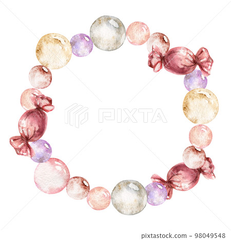 Watercolor hand drawn wreath of pastel bubbles and bonbons for Valentine's day. Isolated on white background. Design for paper, love and greeting cards, textile, print, wallpaper, wedding Watercolor hand drawn wreath of pastel bubbles and bonbons for Valentine's day. Isolated on white background. Design for paper, love and greeting cards, textile, print, wallpaper, wedding 98049548