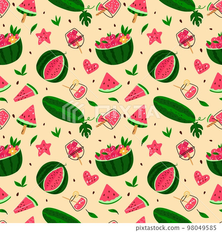 Watermelon seamless pattern. Bright whole fruits. Sweet pieces and slices. Cocktail glasses. Summer snack and drink. Diet berry desserts. Fresh and tasty melons. Garish vector background 98049585