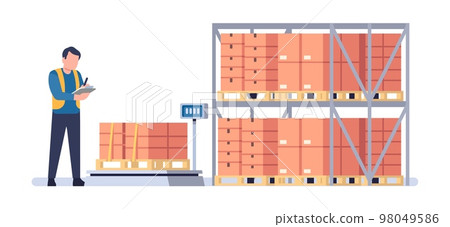 Warehouse worker checks goods on pallets. Man controls boxes shipment. Merchandise shipping in storehouse. Crates on scales. Freight distribution. Logistics management. Vector concept Warehouse worker checks goods on pallets. Man controls boxes shipment. Merchandise shipping in storehouse. Crates on scales. Freight distribution. Logistics management. Vector concept 98049586