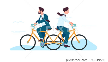 Two businessmen cycling in opposite directions. Different path. Conflict in office team. People riding bikes. Dispute and workers disagreement. Inefficient teamwork. Vector concept Two businessmen cycling in opposite directions. Different path. Conflict in office team. People riding bikes. Dispute and workers disagreement. Inefficient teamwork. Vector concept 98049590