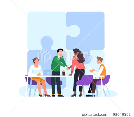 Two business people shaking hands. Assembled puzzle above them symbol of agreement. Negotiation success. Partners cooperation. Corporate deal. Jigsaw pieces connection. Vector concept 98049591