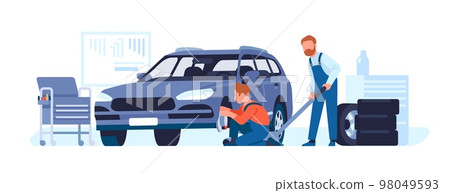 Tire fitting. Automobile workshop. Mechanic changing tyre. Repair service. Workman fixing transport maintenance. Auto wheels replacement. Vehicle assistance station. Vector concept 98049593