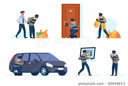 Robber commits robbery. Gangster crimes. Burglar breaking door. Car or masterpiece thefts. Police officer arresting housebreaker with stolen money. Man stealing cash. Vector criminal set Robber commits robbery. Gangster crimes. Burglar breaking door. Car or masterpiece thefts. Police officer arresting housebreaker with stolen money. Man stealing cash. Vector criminal set 98049653