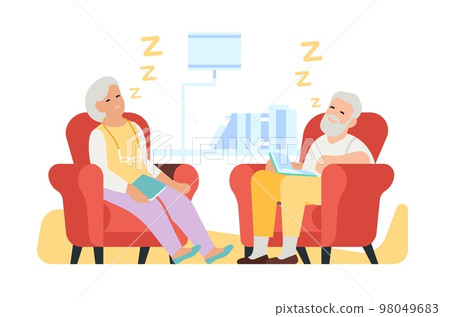 Old people sleeping in armchair. Grandparents relax and dream on sofa. Persons read books. Pensioners leisure. House relaxation. Sneezing seniors. Retired family asleep. Vector concept Old people sleeping in armchair. Grandparents relax and dream on sofa. Persons read books. Pensioners leisure. House relaxation. Sneezing seniors. Retired family asleep. Vector concept 98049683