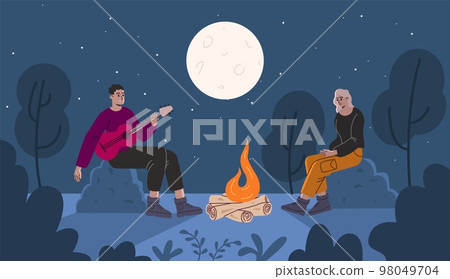 Happy friends by campfire. Hiking tourism. Guy and girl warming by fire in night forest. Man play guitar. Romantic get togethers. Cute tourists. People rest in camp. Vector concept 98049704