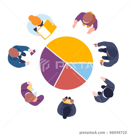 Group of business and office people around chart. Circular infographic top view. Organization graph structure with pie sectors. Men and women team. Financial report. Vector concept Group of business and office people around chart. Circular infographic top view. Organization graph structure with pie sectors. Men and women team. Financial report. Vector concept 98049720