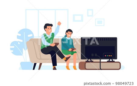 Father and son play computer games on TV console. Dad with boy relax together at home. People sitting on sofa. Video gaming with child. Family relationship. Vector fatherhood concept 98049723