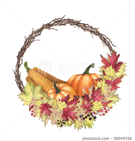 Willow wreath watercolor with pumpkins and autumn leaf maple, oak, poplar isolated on white. Hand drawing illustration 98049788