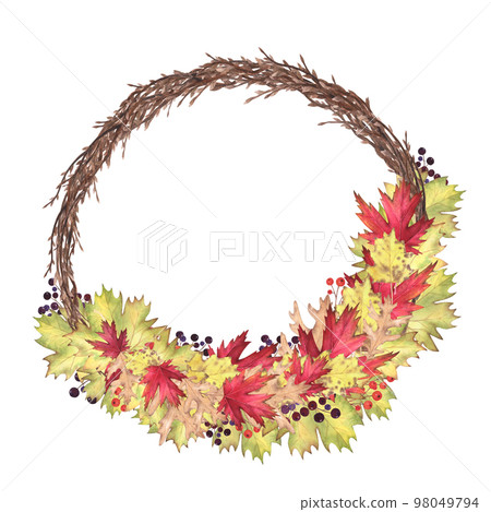 Willow wreath watercolor with autumn leaf maple, oak, poplar isolated on white. Hand drawing illustration design Willow wreath watercolor with autumn leaf maple, oak, poplar isolated on white. Hand drawing illustration design 98049794