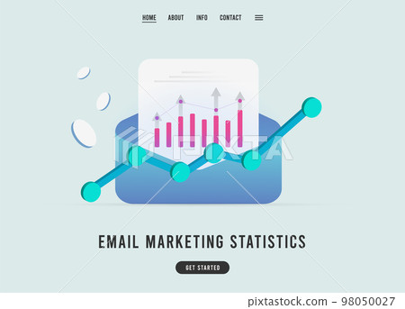 Email Marketing Statistics landing page template illustration. E-mail digital marketing statistics. B2B, B2C email stats for retention strategy and revenue generator. 98050027