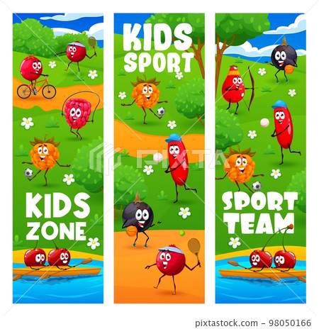 Kids sport zone cartoon cheerful berry characters on sport zone. Vector banners with raspberry, cherry, black currant and cloudberry with rose hip, cranberry and barberry personages summer activities 98050166