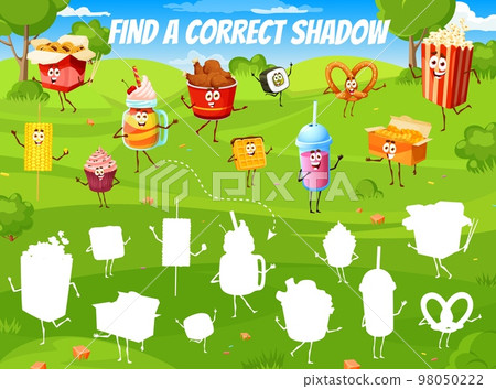 Find a correct shadow of cartoon fast food and desserts characters kids game puzzle vector worksheet. Match and connect quiz game of fastfood personages, chicken legs, nuggets, soda drink and popcorn 98050222