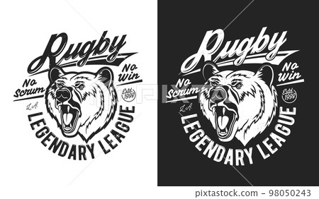 Grizzly bear mascot rugby sport t-shirt print for sports team uniform apparel. Isolated labels with wild predator animal roar face and typography, monochrome emblem for tshirt or club Grizzly bear mascot rugby sport t-shirt print for sports team uniform apparel. Isolated labels with wild predator animal roar face and typography, monochrome emblem for tshirt or club 98050243