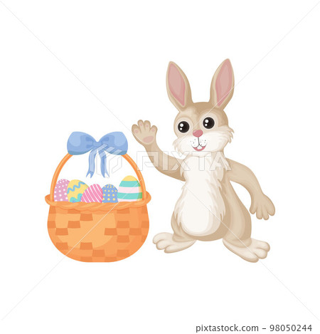 Easter bunny. A cute rabbit in cartoon style is sitting with a basket of Easter eggs. Funny bunny with colorful Easter eggs. Vector illustration isolated on a white background Easter bunny. A cute rabbit in cartoon style is sitting with a basket of Easter eggs. Funny bunny with colorful Easter eggs. Vector illustration isolated on a white background 98050244