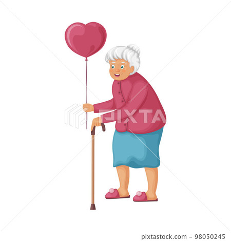 Granny with a balloon in the shape of a heart. A sweet grandmother is holding a balloon in her hands. Cheerful elderly woman with a stick on Valentine s day. Vector illustration 98050245