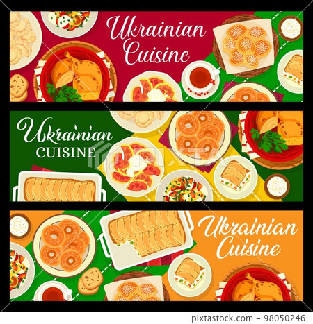 Ukrainian cuisine food vector banners with meat vegetable dishes and cheesecake dessert. Baked chicken and fish casserole with noodle pudding and sweet donuts, cheese and cherry dumplings, bagels Ukrainian cuisine food vector banners with meat vegetable dishes and cheesecake dessert. Baked chicken and fish casserole with noodle pudding and sweet donuts, cheese and cherry dumplings, bagels 98050246
