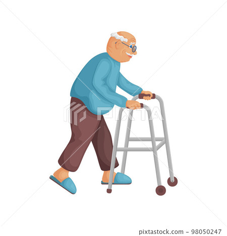 Grandpa with a walker. Cute cheerful grandpa is walking with a walker in his hands. An elderly man. Vector illustration isolated on a white background Grandpa with a walker. Cute cheerful grandpa is walking with a walker in his hands. An elderly man. Vector illustration isolated on a white background 98050247