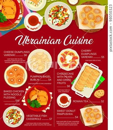 Ukrainian cuisine menu with vector dishes of vegetable dumplings, traditional fish and meat food, cheesecake dessert and donut. Cheese and cherry vareniki, baked chicken with noodle pudding, casserole Ukrainian cuisine menu with vector dishes of vegetable dumplings, traditional fish and meat food, cheesecake dessert and donut. Cheese and cherry vareniki, baked chicken with noodle pudding, casserole 98050323