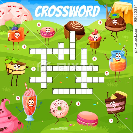 Crossword quiz game grid, cartoon sweets, desserts and cake characters on green meadow, vector worksheet. Donut, cupcake and cheesecake with macaroon or pudding and cake to guess word on crossword Crossword quiz game grid, cartoon sweets, desserts and cake characters on green meadow, vector worksheet. Donut, cupcake and cheesecake with macaroon or pudding and cake to guess word on crossword 98050354