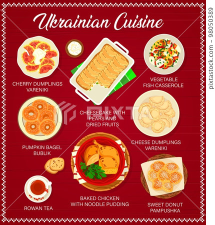Ukrainian cuisine vector menu with vegetable, meat and fish food. Traditional meal dishes of cheese and cherry dumplings, baked chicken with noodle pudding, sweet donut, pumpkin bagel and cheesecake 98050389