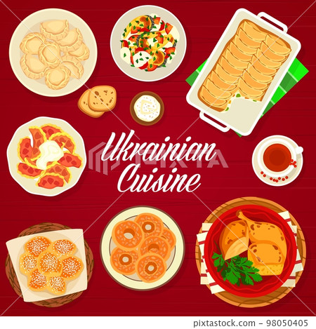 Ukrainian cuisine menu cover of vector meat food, vegetable fish casserole and pastry desserts. Sweet dumplings, donuts, bagels, baked chicken with noodle pudding, cheesecake with fruits and rowan tea 98050405