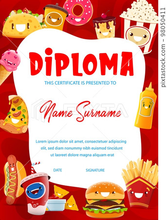 Kids diploma funny cartoon takeaway fast food characters. Vector frame with tex mex tacos, cola, nachos and mustard sauce. Pop corn, donut, ice cream and pie, pizza, coffee cup, hot dog, french fries. 98050411