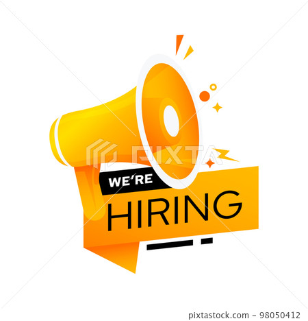 We are hiring, job offer, recruit, join our team vector icon. Hr recruiting advertisement, Vacant place alert campaign with megaphone. Work opportunity and human resources research corporate message 98050412