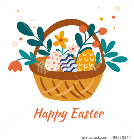 Basket with Easter eggs and flowers. Colorful spring composition for a Happy Easter. Perfect for printing, greeting cards, invitations and stickers. Vector cartoon illustration. 98050844