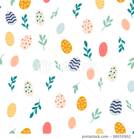 Easter eggs seamless pattern. Various flowers, leaves and decorative eggs. Texture for textile, postcard, wrapping paper, packaging etc. Vector cartoon illustration. Easter eggs seamless pattern. Various flowers, leaves and decorative eggs. Texture for textile, postcard, wrapping paper, packaging etc. Vector cartoon illustration. 98050902