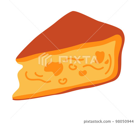 Cut cheese piece. Cut into triangles and slices of delicious cheese. Triangular piece of fresh yellow cheese in cartoon flat style. Vector illustration of dairy farm product. Icon. 98050944