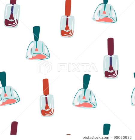 Nail polish seamless pattern. Cosmetics for manicure and self care. Perfect for fabric, print, textile, wrapper.  Vector cartoon illustration. 98050953