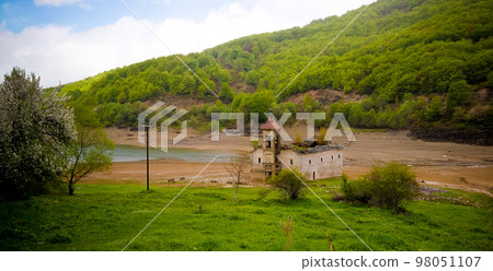 Landscape of Mavrovo national park with mountain,lake and old ruined church, FYR Macedonia 98051107