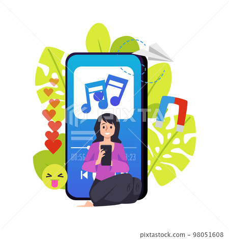 Happy woman sitting with mobile phone flat style, vector illustration 98051608
