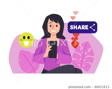 Smiling woman holding mobile phone flat style, vector illustration 98051613
