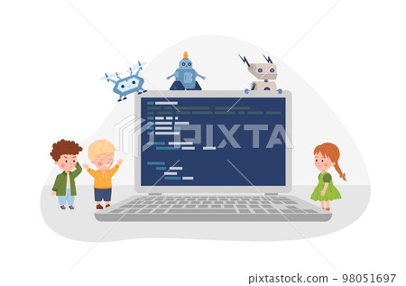 Tiny kids and smart robots with huge laptop, coding program flat style 98051697