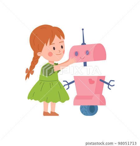 Child girl constructing smart robot machine flat vector illustration isolated. 98051713