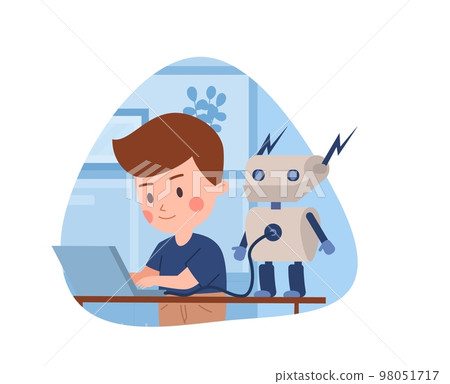 Smiling kid boy programming robot connected to laptop flat style 98051717
