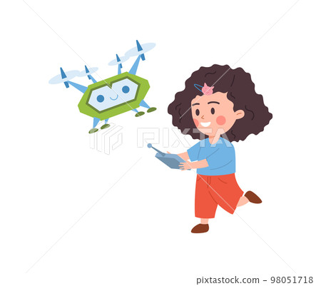 Happy smart girl playing with flying robot toy flat vector illustration isolated. 98051718