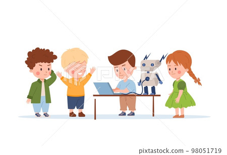 Kids making robot together, science for children - flat vector illustration isolated on white background. 98051719