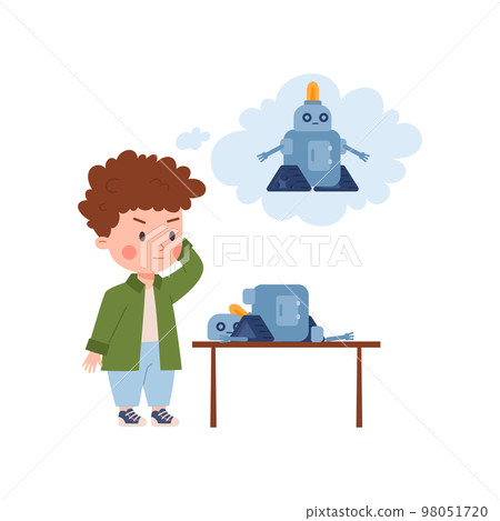 Puzzled kid boy thinking how build robot flat style, vector illustration 98051720