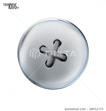 Clothes button, silver icon. Realistic silwerish sewing button isolated. Tailoring. Polished jewel metal. Jewelry. Sewn with threads. Craft handmade, needlework. Grey, gray. Vector 98052155