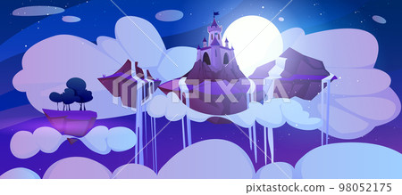 Cartoon magic castle float on piece of rock at night Cartoon magic castle float on piece of rock at night 98052175