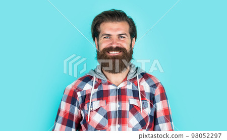 stylish bearded guy with trendy hairstyle wear checkered shirt, beauty 98052297