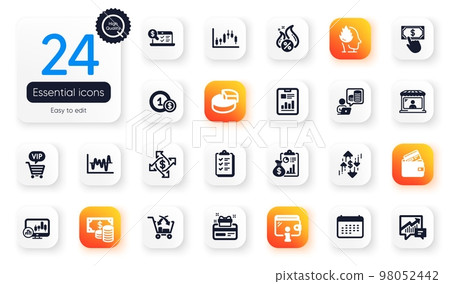 Set of Finance flat icons. Calendar, Dollar rate and Cross sell elements for web application. Stock analysis, Vip shopping, Market seller icons. Pie chart, Checklist, Payment click elements. Vector 98052442