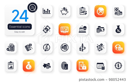Set of Finance flat icons. Checklist, Piggy bank and Wallet elements for web application. No cash, Money exchange, Report icons. Block diagram, Card, Dollar target elements. Making money. Vector 98052443