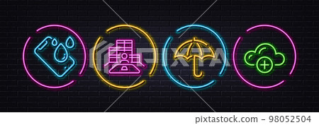 Inventory, Umbrella and Smartphone waterproof minimal line icons. Neon laser 3d lights. Cloud computing icons. For web, application, printing. Goods operator, Safe secure, Phone. Web storage. Vector Inventory, Umbrella and Smartphone waterproof minimal line icons. Neon laser 3d lights. Cloud computing icons. For web, application, printing. Goods operator, Safe secure, Phone. Web storage. Vector 98052504