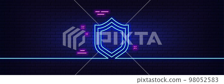 Neon light glow effect. Shield line icon. Protection or Security sign. Defence or Guard symbol. 3d line neon glow icon. Brick wall banner. Security outline. Vector 98052583