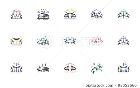 Sports stadium line icons. Ole chant, arena football, championship architecture. Arena stadium, sports competition, event flag icons. Sport complex linear set. Bicolor outline web elements. Vector 98052660