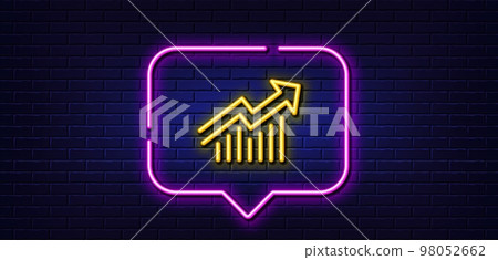 Neon light speech bubble. Chart line icon. Report graph or Sales growth sign. Analysis and Statistics data symbol. Neon light background. Demand curve glow line. Brick wall banner. Vector 98052662