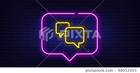 Neon light speech bubble. Speech bubble line icon. Chat sign. Social media message symbol. Neon light background. Speech bubble glow line. Brick wall banner. Vector 98052693